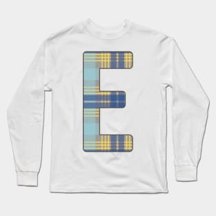 Monogram Letter E, Blue, Yellow and Grey Scottish Tartan Style Typography Design Long Sleeve T-Shirt